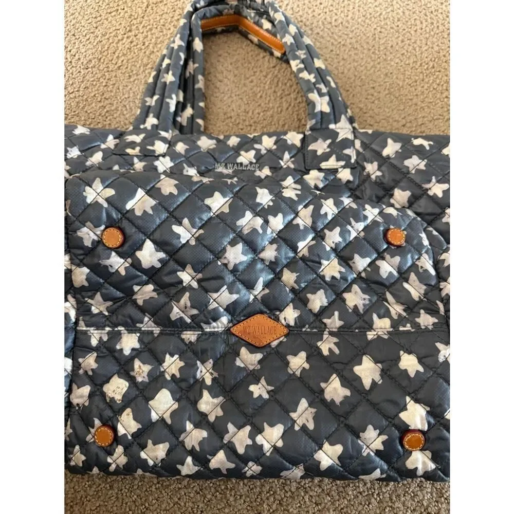 MZ Wallace Metro Tote Deluxe Medium Dark Grey White Stars Quilted Nylon Bag
